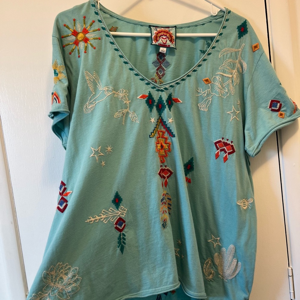 Johnny Was Teal Embroidered Short Sleeve Tee